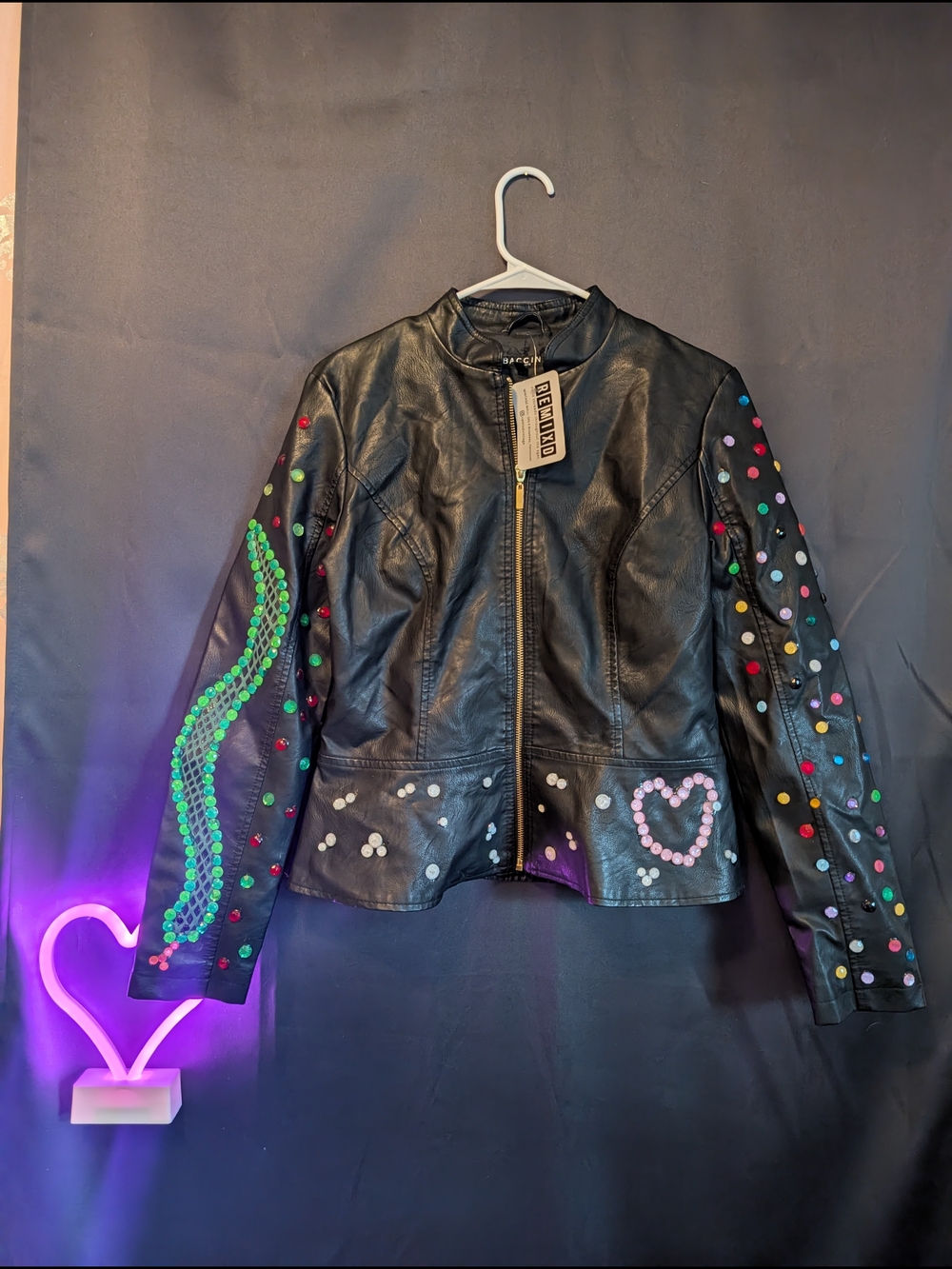 Baccini Black Faux Leather Jacket with Multicolor Studs Taylor Swift All To Well